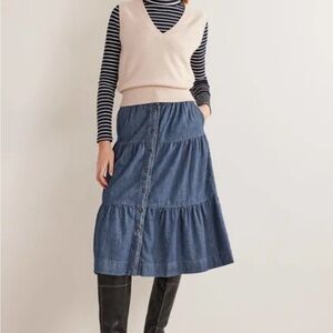 Boden Tiered Denim Midi Skirt